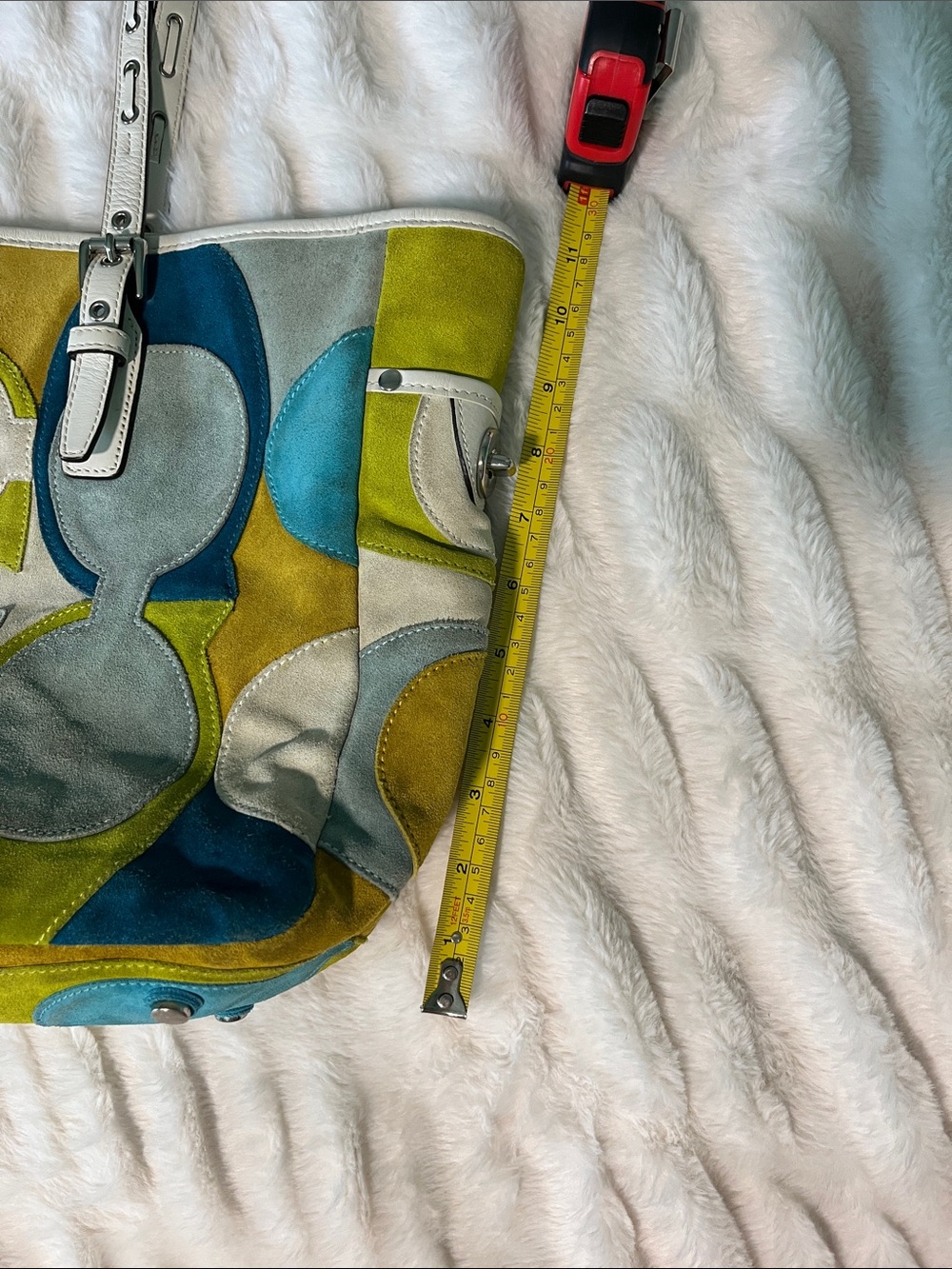 Coach Vintage/Y2K Multicolor Suede Patchwork Tote Bag White Leather Trim - Picture 14 of 16